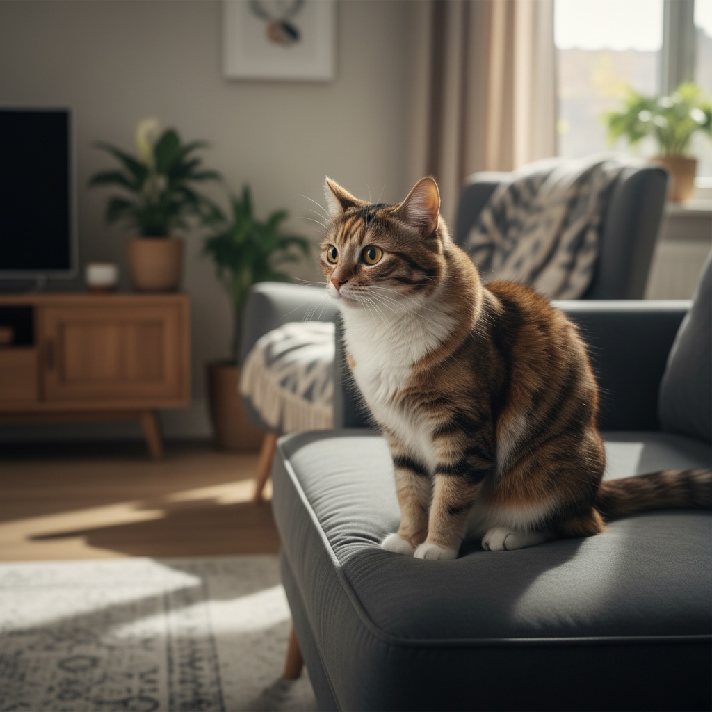 An orange tabby cat sitting on a gray sofa, looking to the side, illustrating the topic of cat stress signals and behavioral changes.